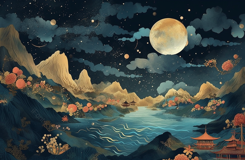 满月蓝色星空夜晚山川大河平静古代建筑国风写意插画,插画/手绘图,插画/手绘图库,插画/手绘图下载,插画/手绘
